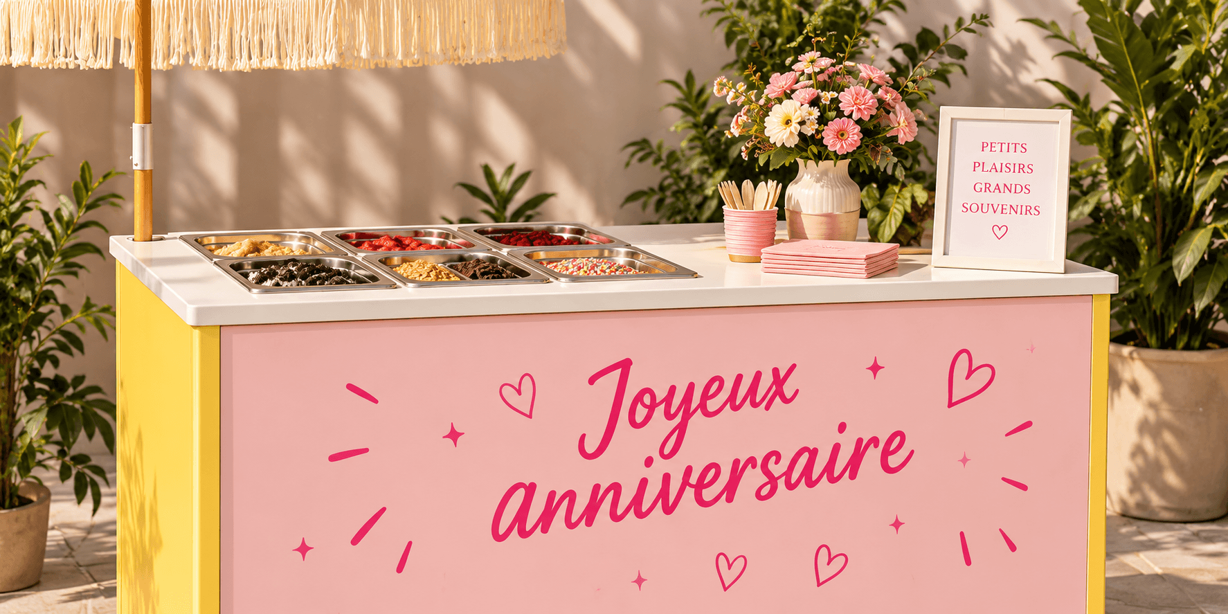 Chariot Solly personnalisé avec façade rose Joyeux Anniversaire
