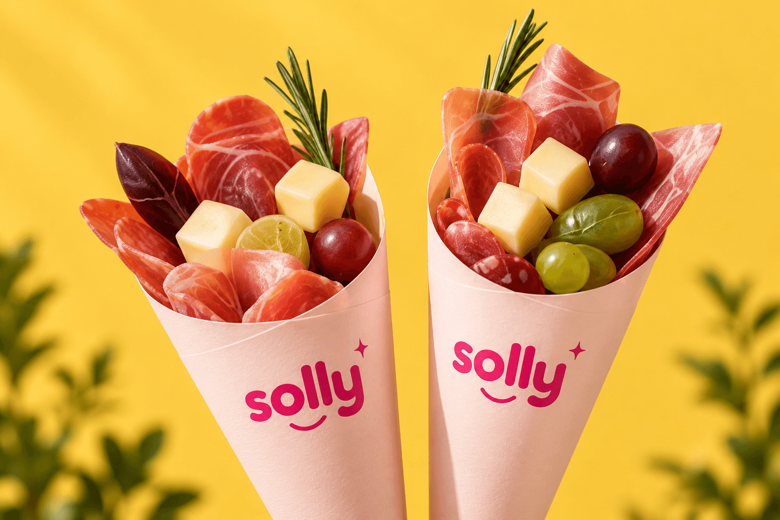 Bar à charcuterie Solly : cornets roses d'apéritif avec gouda, charcuteries et raisins