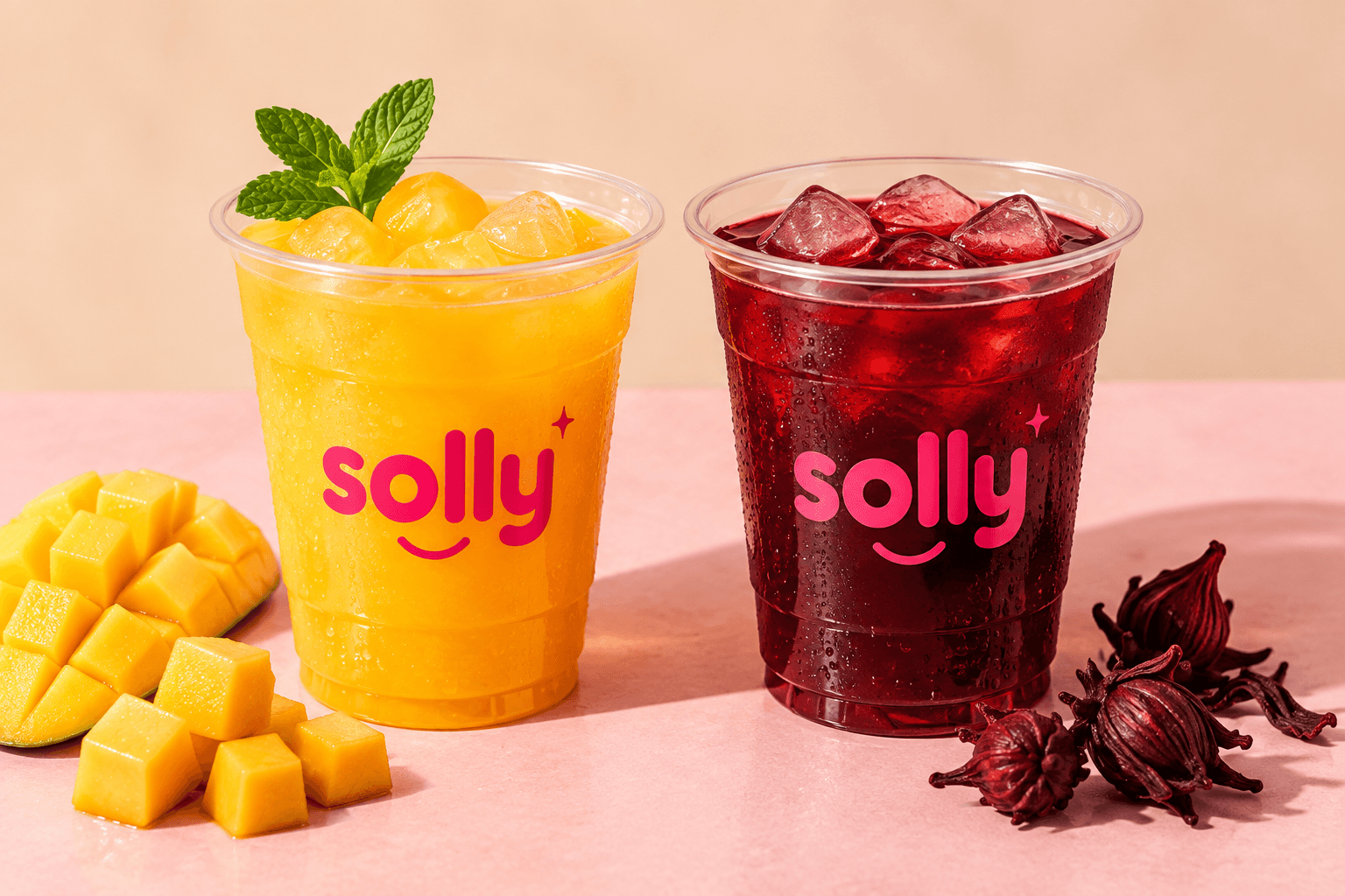 Bar à boissons Solly : gobelets de jus d'ananas-mangue et bissap glacés